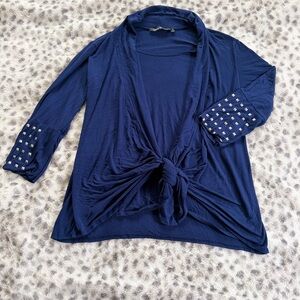 Tiffany & Grey Navy Tie-Front Studded Top – Size XL